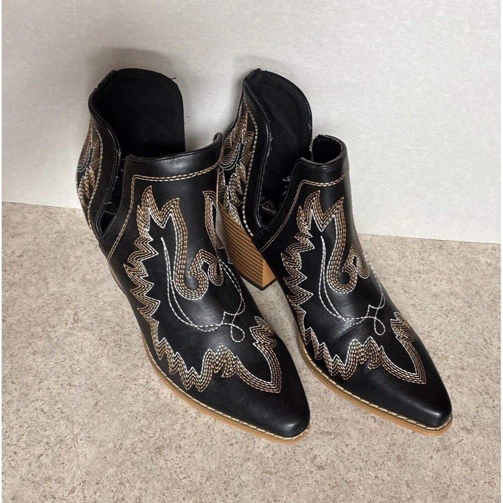 Jolimall Western Ankle Cowboy Boots Booties Womens Size 6 Black w/Stitching